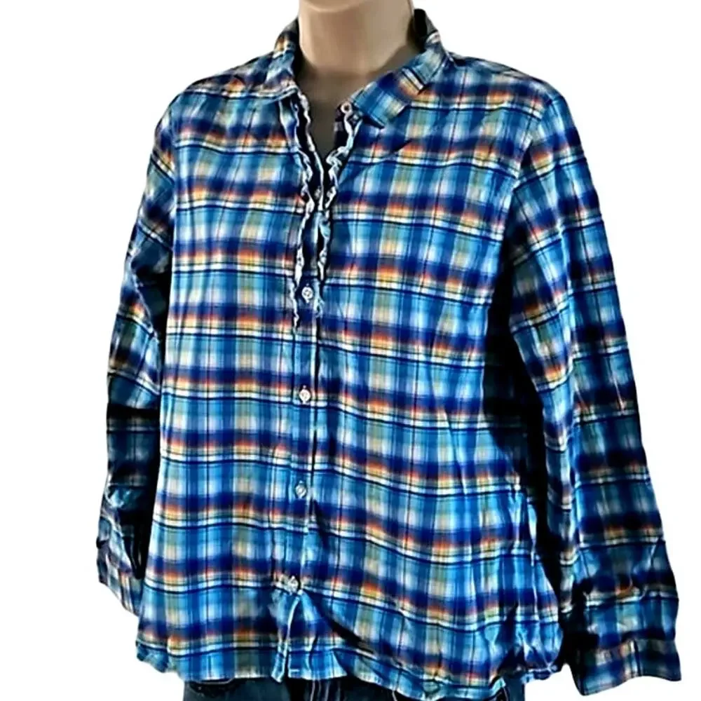 Lands' End Kids Girls Plaid Button-Up Shirt with Ruffle Collar - Size 16